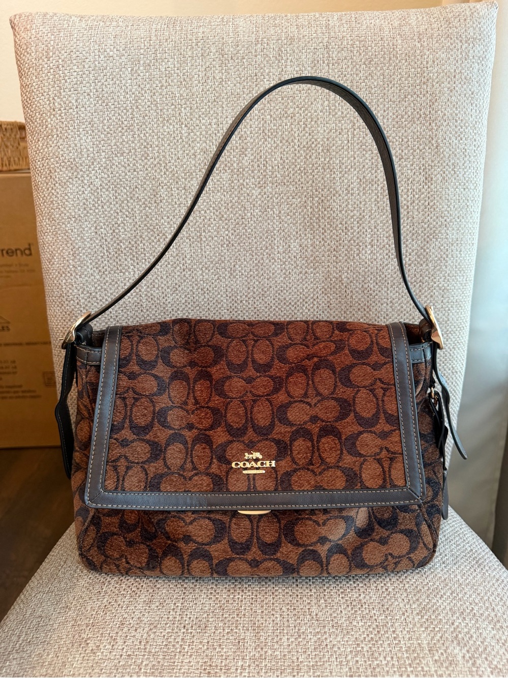 Coach Brown Chenille Large Etta Shoulder Bag Brown Trim Last year edition